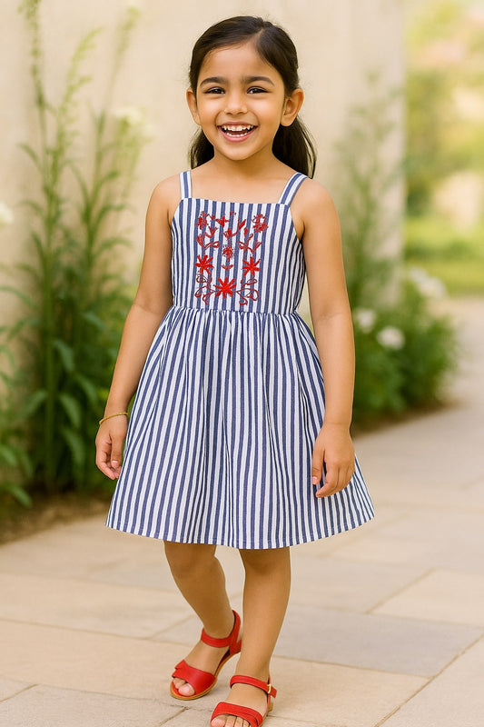 Blue girls sleeveless dress with printed bodice, pleated skirt and contrast detailing
