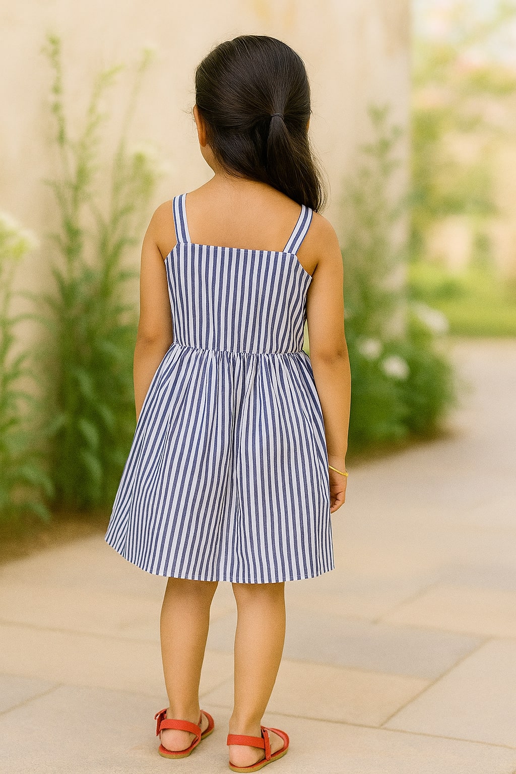 Blue girls sleeveless dress with printed bodice, pleated skirt and contrast detailing