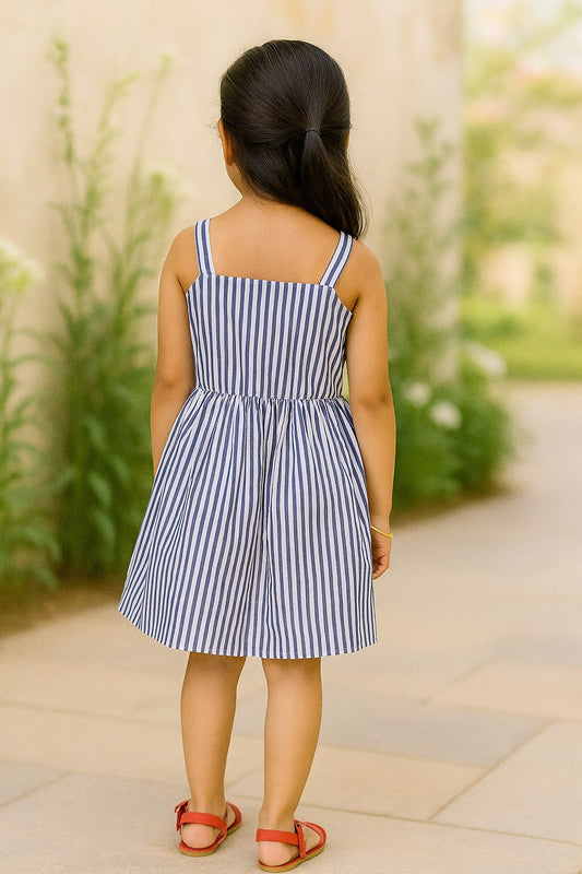 Blue girls sleeveless dress with printed bodice, pleated skirt and contrast detailing