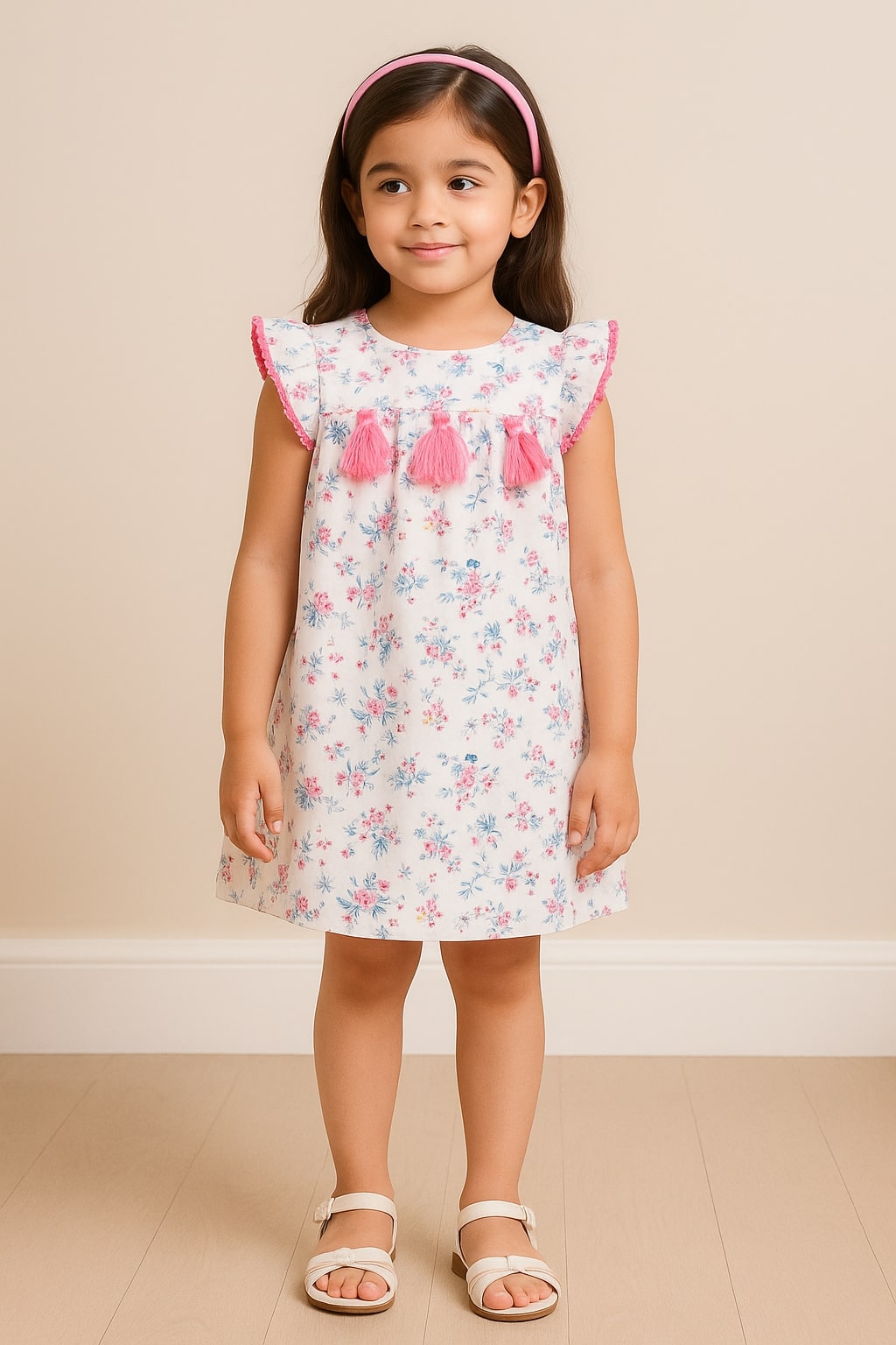 White girls sleeveless floral printed dress with pink and blue detailing and flared hem
