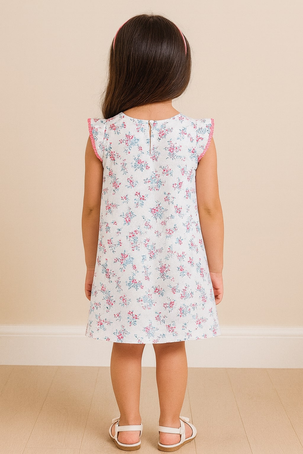 White girls sleeveless floral printed dress with pink and blue detailing and flared hem