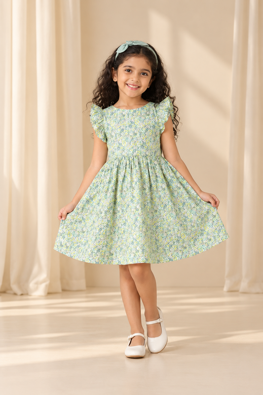 Mint green girls printed shorts with flared fit and elasticated waist