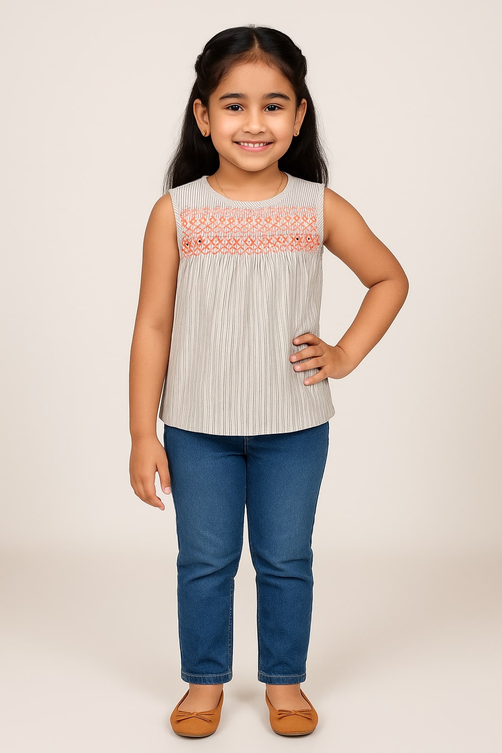 White girls sleeveless top with embroidered neckline and grey flared skirt