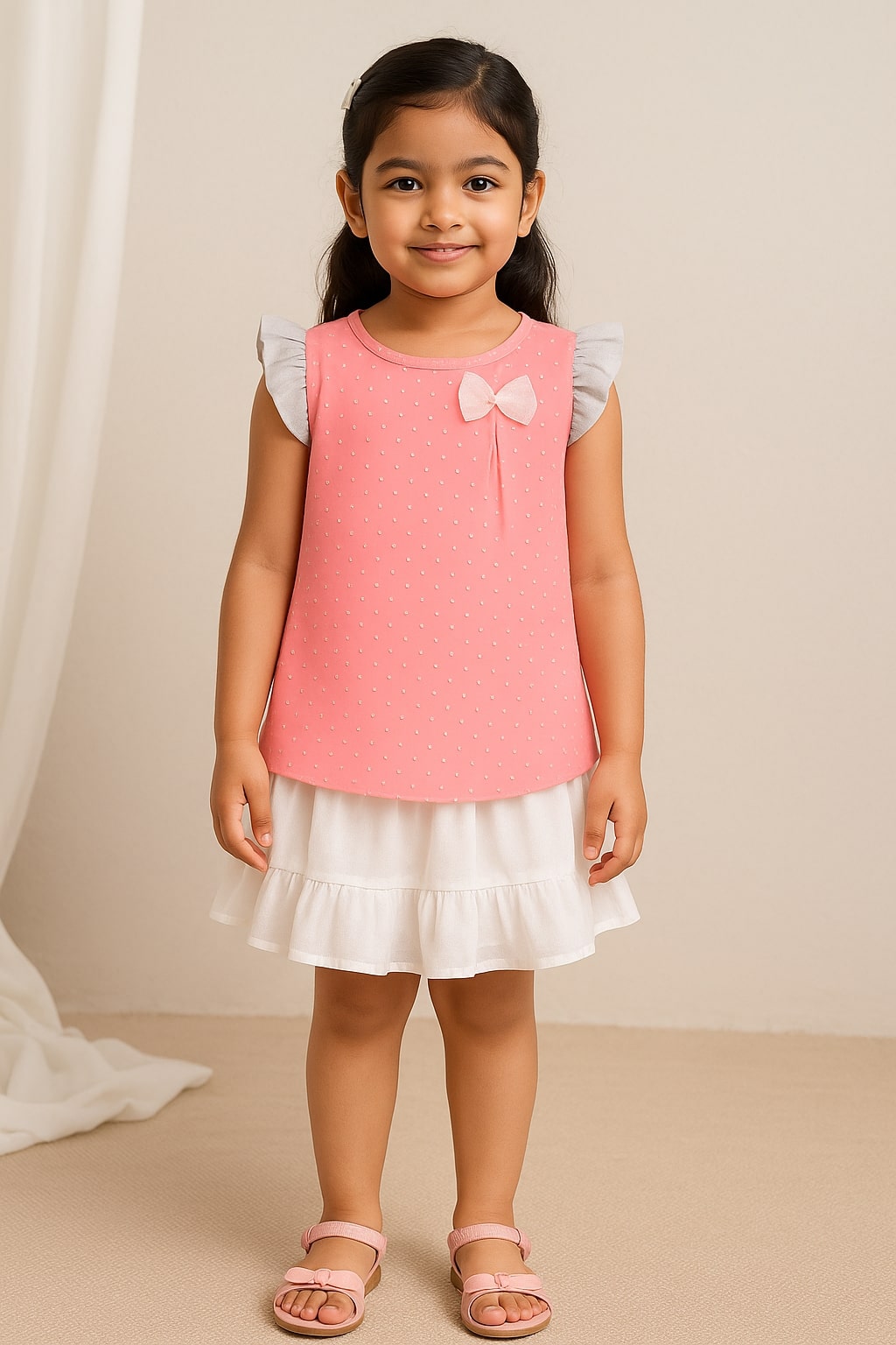Coral pink girls short sleeve top with contrast white trim and graphic detailing
