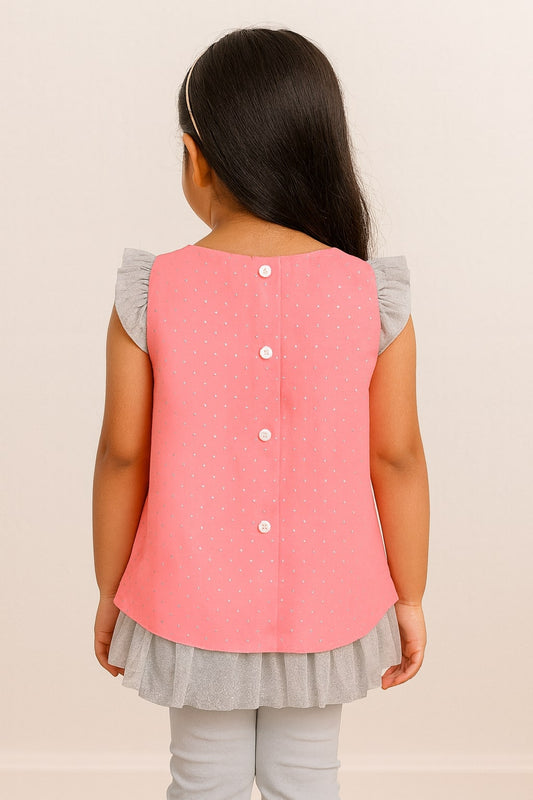 Coral pink girls short sleeve top with contrast white trim and graphic detailing
