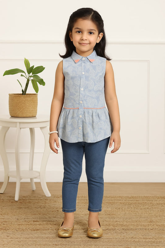Blue and white floral printed girls sleeveless romper with ruffle detailing and shorts