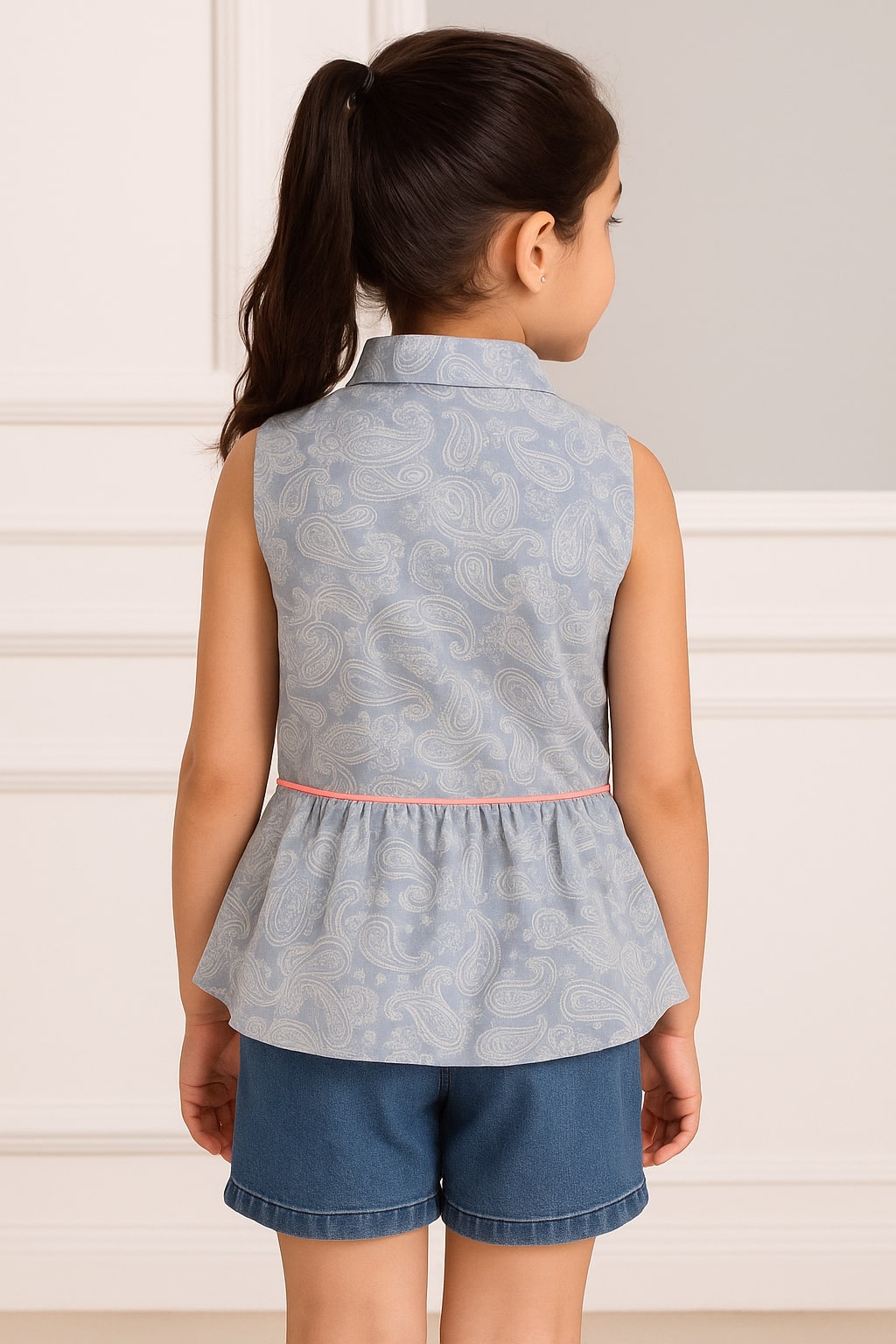 Blue and white floral printed girls sleeveless romper with ruffle detailing and shorts
