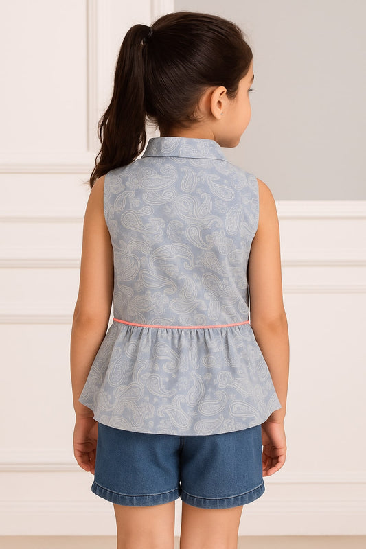 Blue and white floral printed girls sleeveless romper with ruffle detailing and shorts