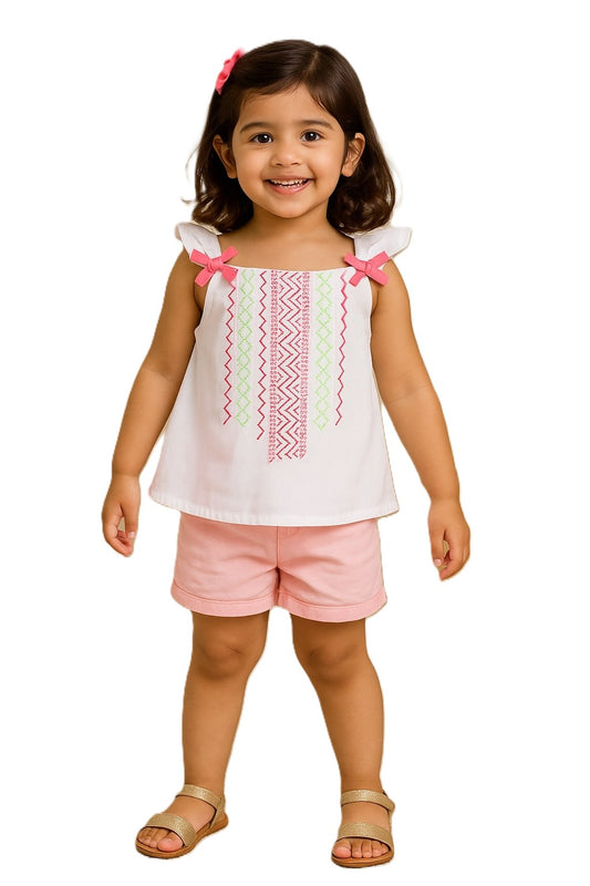 White girls sleeveless dress with pastel striped detailing and flared hem