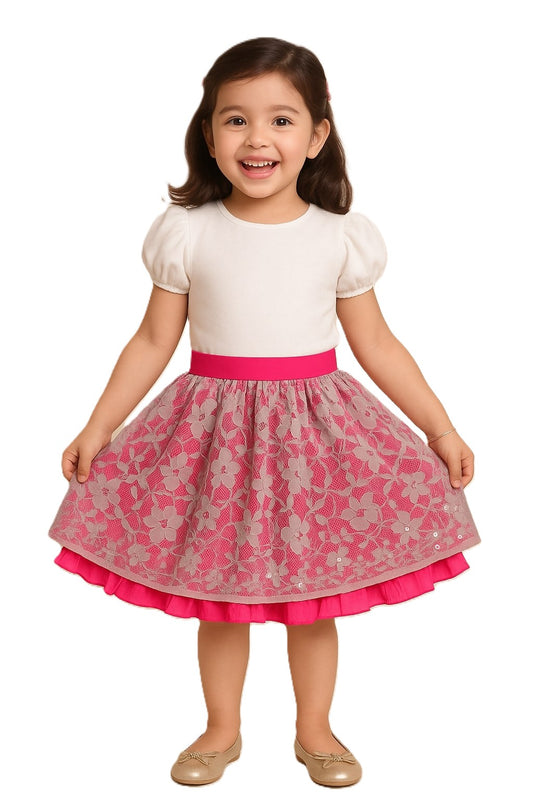 Pink floral printed girls skirt with gathered waist and flared hem