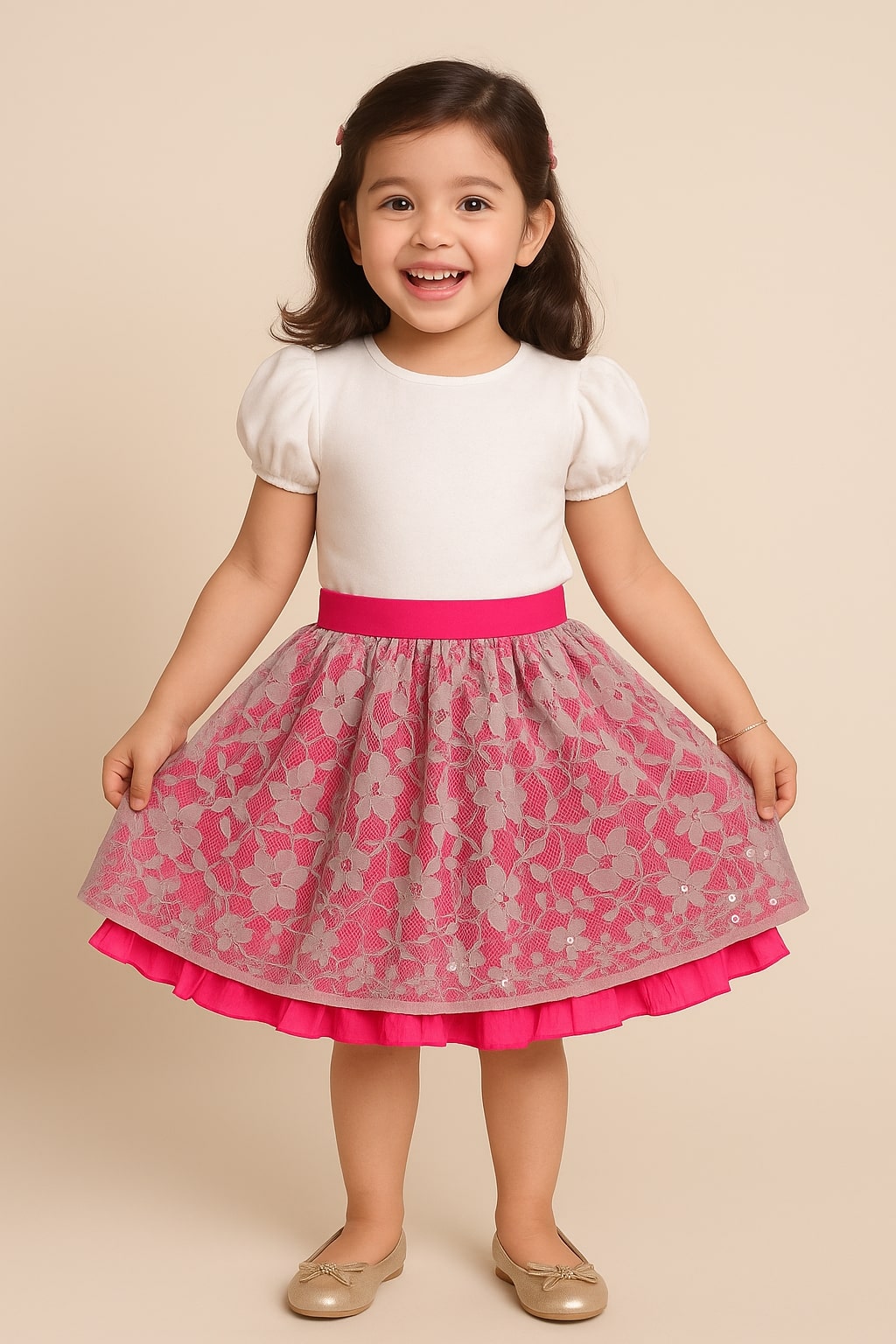 Pink floral printed girls skirt with gathered waist and flared hem