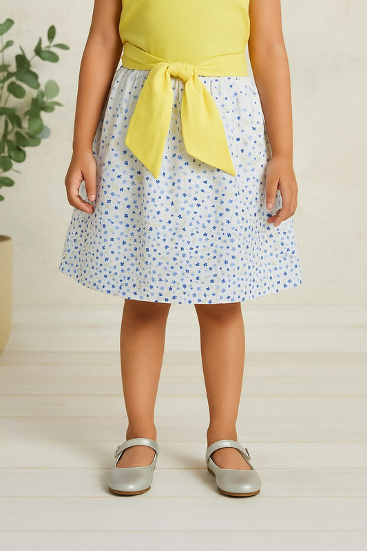 White and blue gingham girls skirt with yellow bow detailing and gathered waist