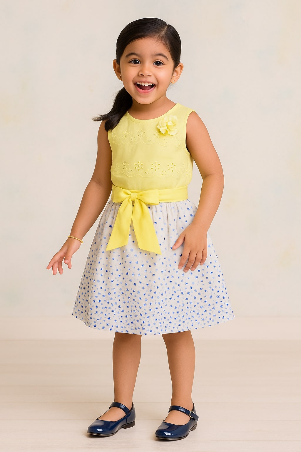 White and blue gingham girls skirt with yellow bow detailing and gathered waist