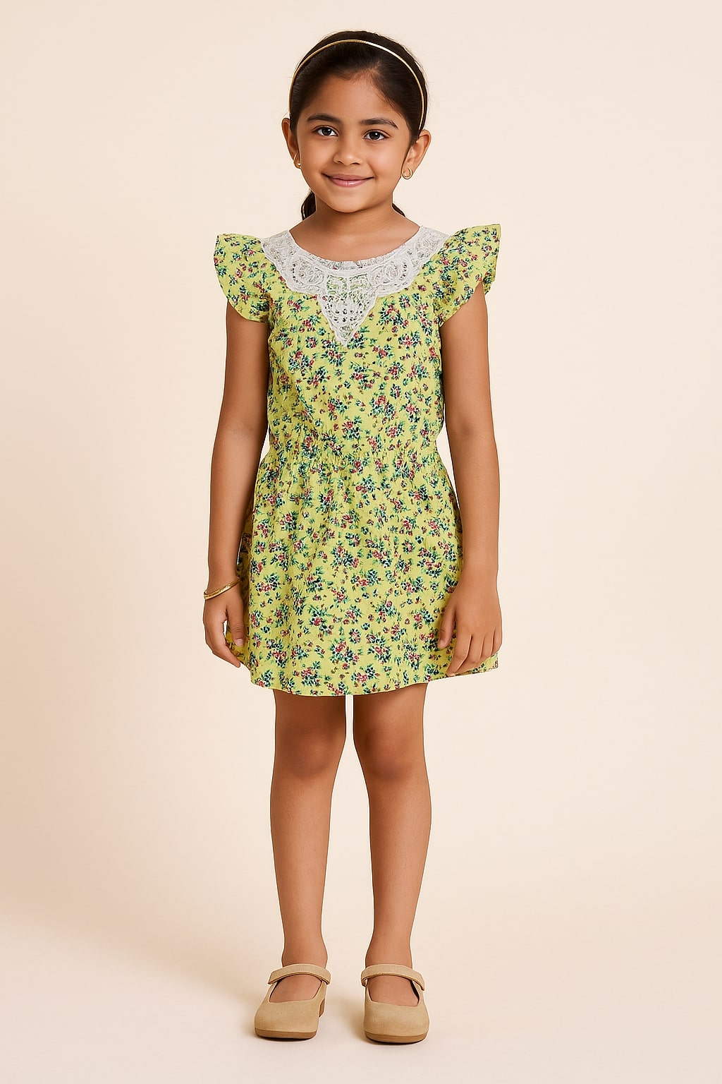 Green floral printed girls short sleeve peplum top with ruffle detailing and flared hem