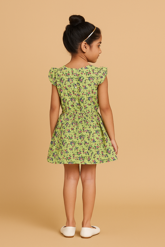 Green floral printed girls short sleeve peplum top with ruffle detailing and flared hem