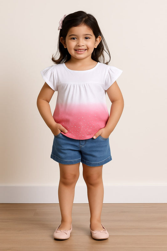 White and pink ombre girls short sleeve A-line dress with flared hem