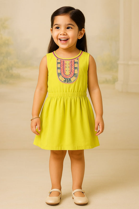 Lime green girls sleeveless fit and flare dress with floral applique and pleated skirt