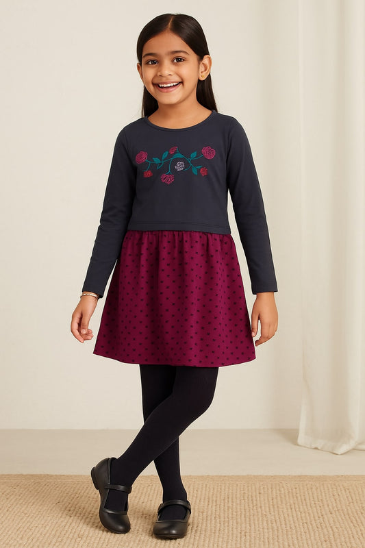 Navy blue girls fit and flare dress with pink floral print and long sleeves