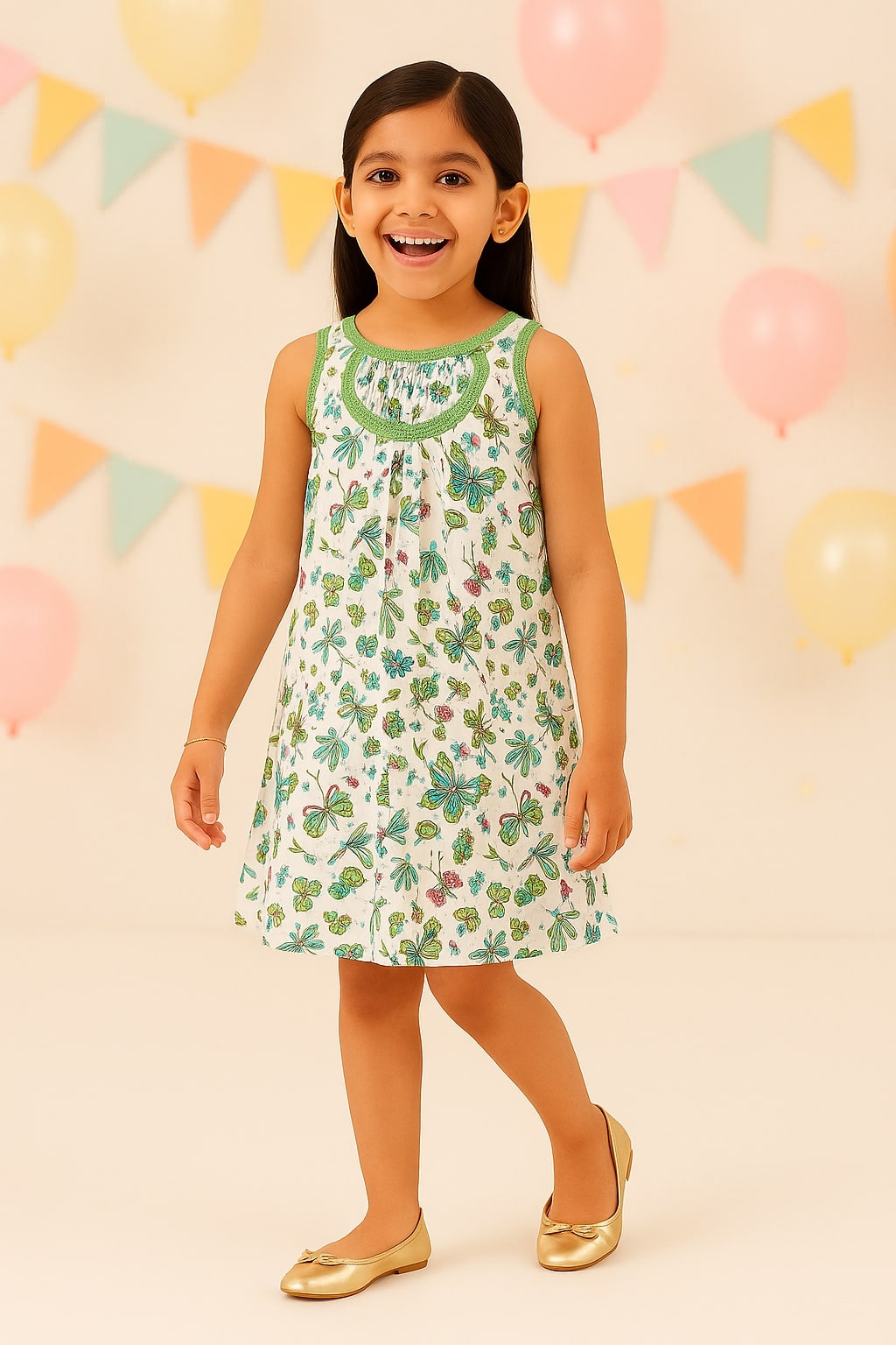 White and green floral printed girls sleeveless dress with gathered waist and flared hem