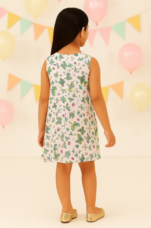 White and green floral printed girls sleeveless dress with gathered waist and flared hem