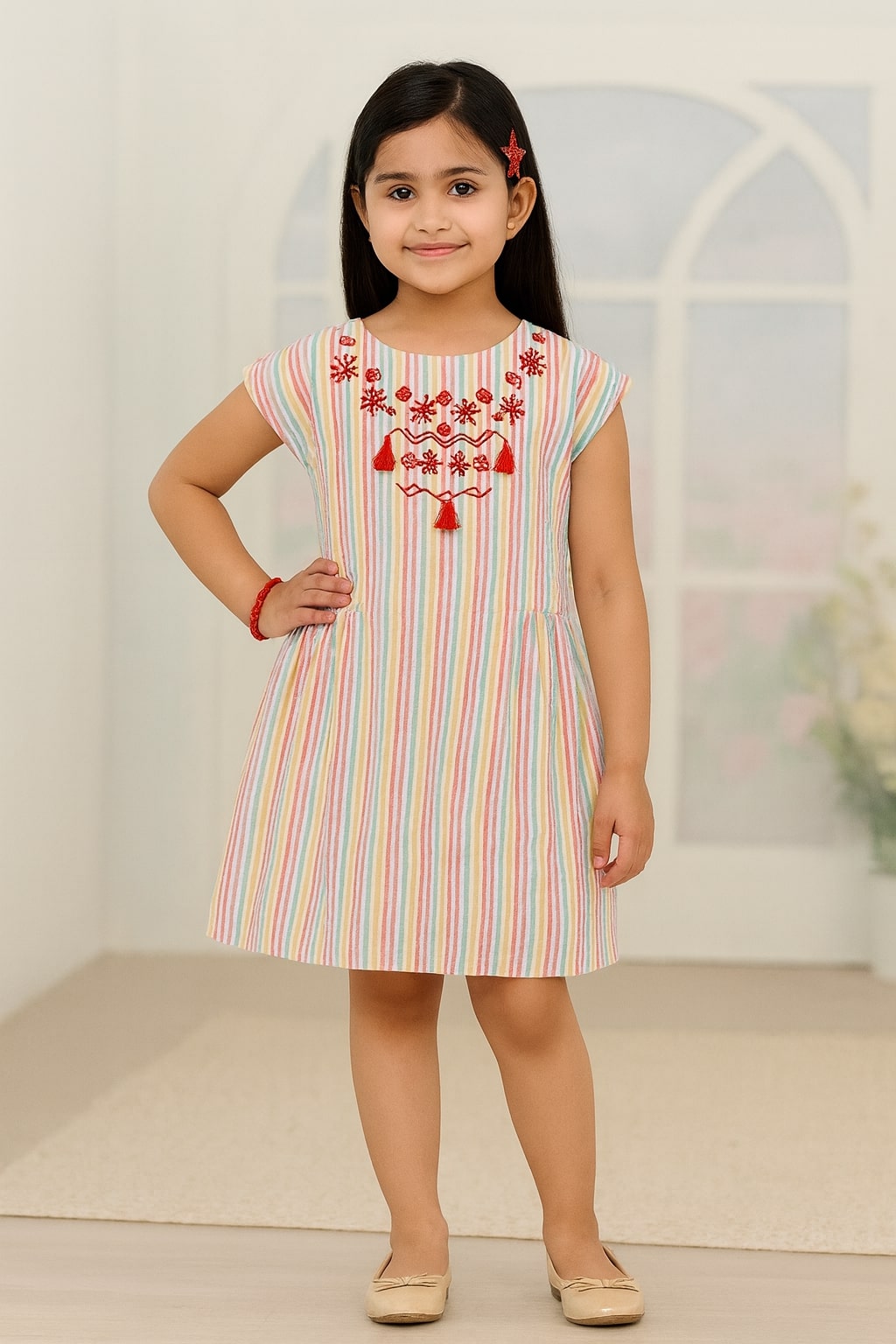 Beige and pink striped girls sleeveless A-line dress with embroidered neckline and flared hem