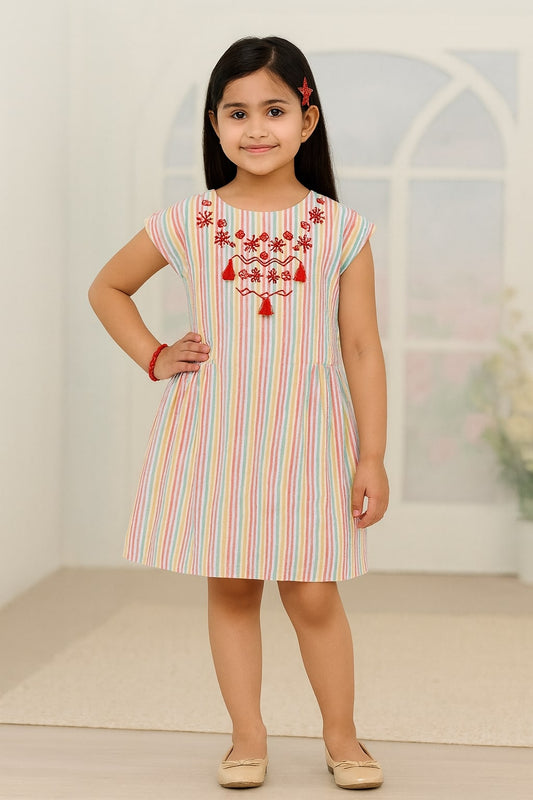 Beige and pink striped girls sleeveless A-line dress with embroidered neckline and flared hem