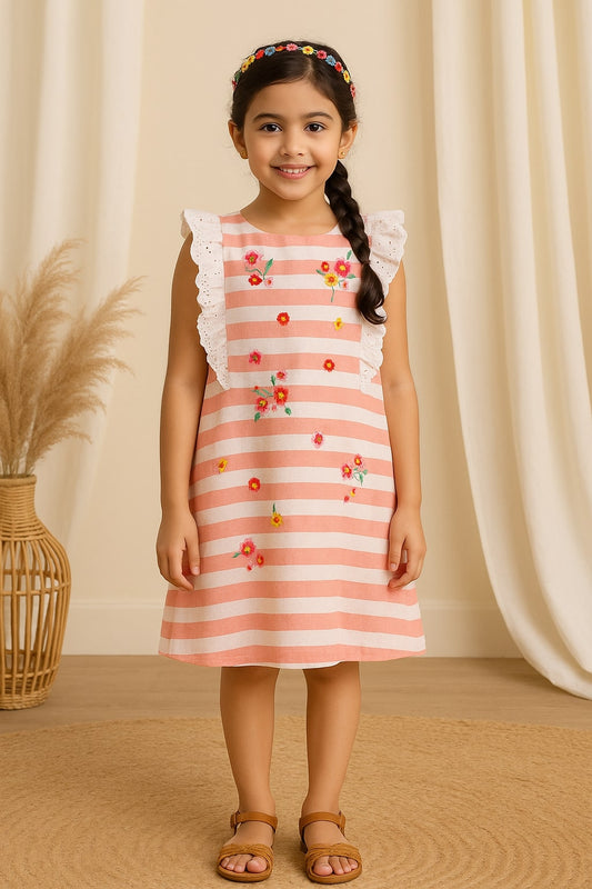 Pink and white striped girls sleeveless maxi dress with ruffle detailing and tiered hem