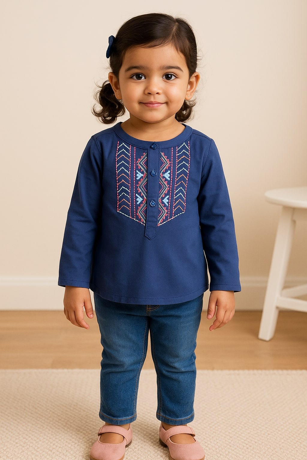 Blue girls long sleeve fit and flare dress with pleated skirt and contrast neckline