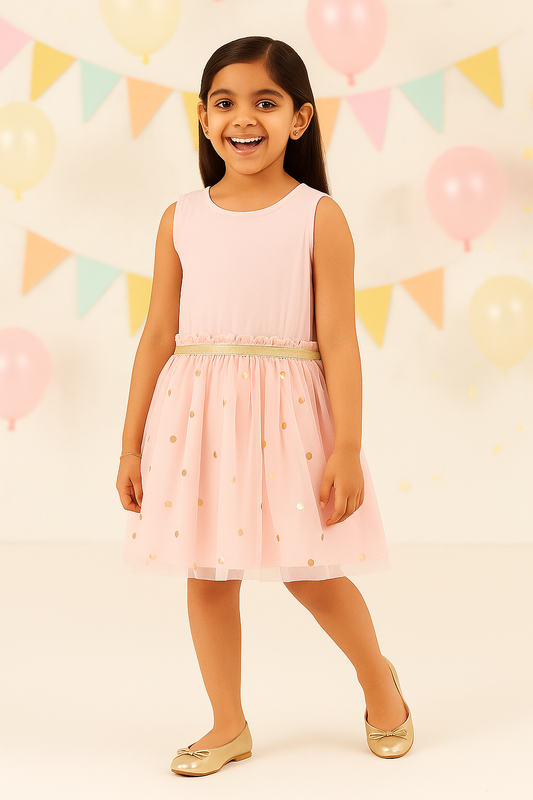 Pink girls sleeveless striped dress with tiered ruffle hem and gathered waist