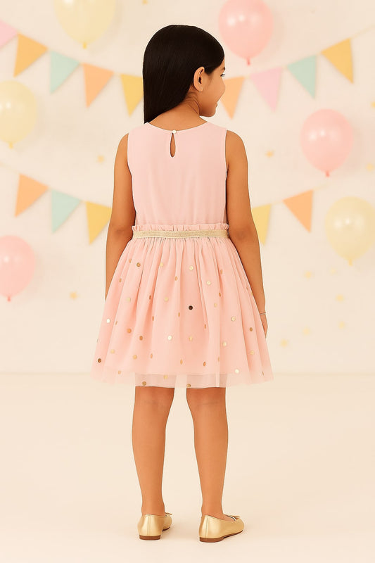 Pink girls sleeveless striped dress with tiered ruffle hem and gathered waist