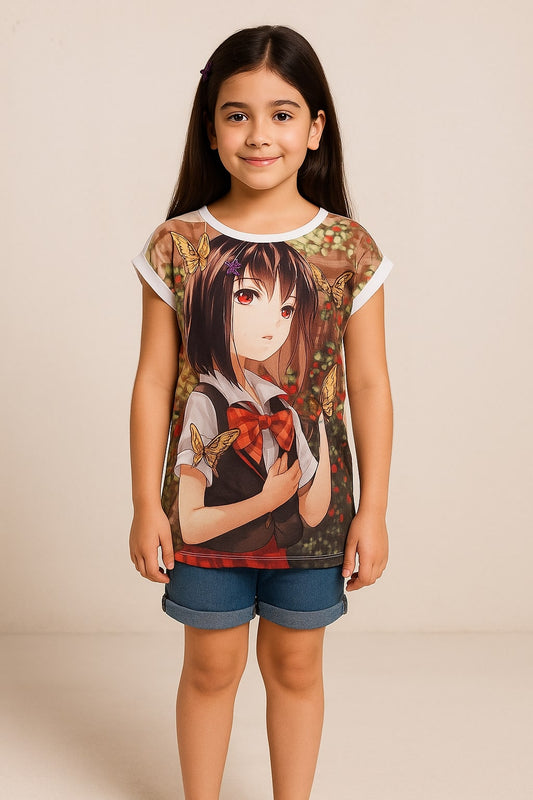 Black girls short sleeve graphic print dress with multicolour printed design