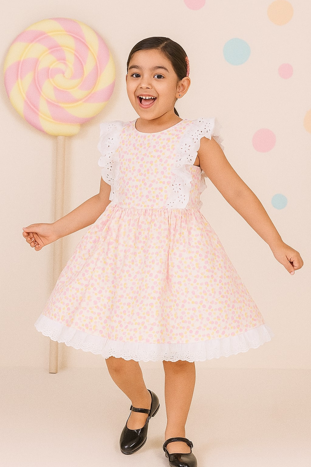 Pink floral printed girls short sleeve fit and flare dress with lace trim and flared hem