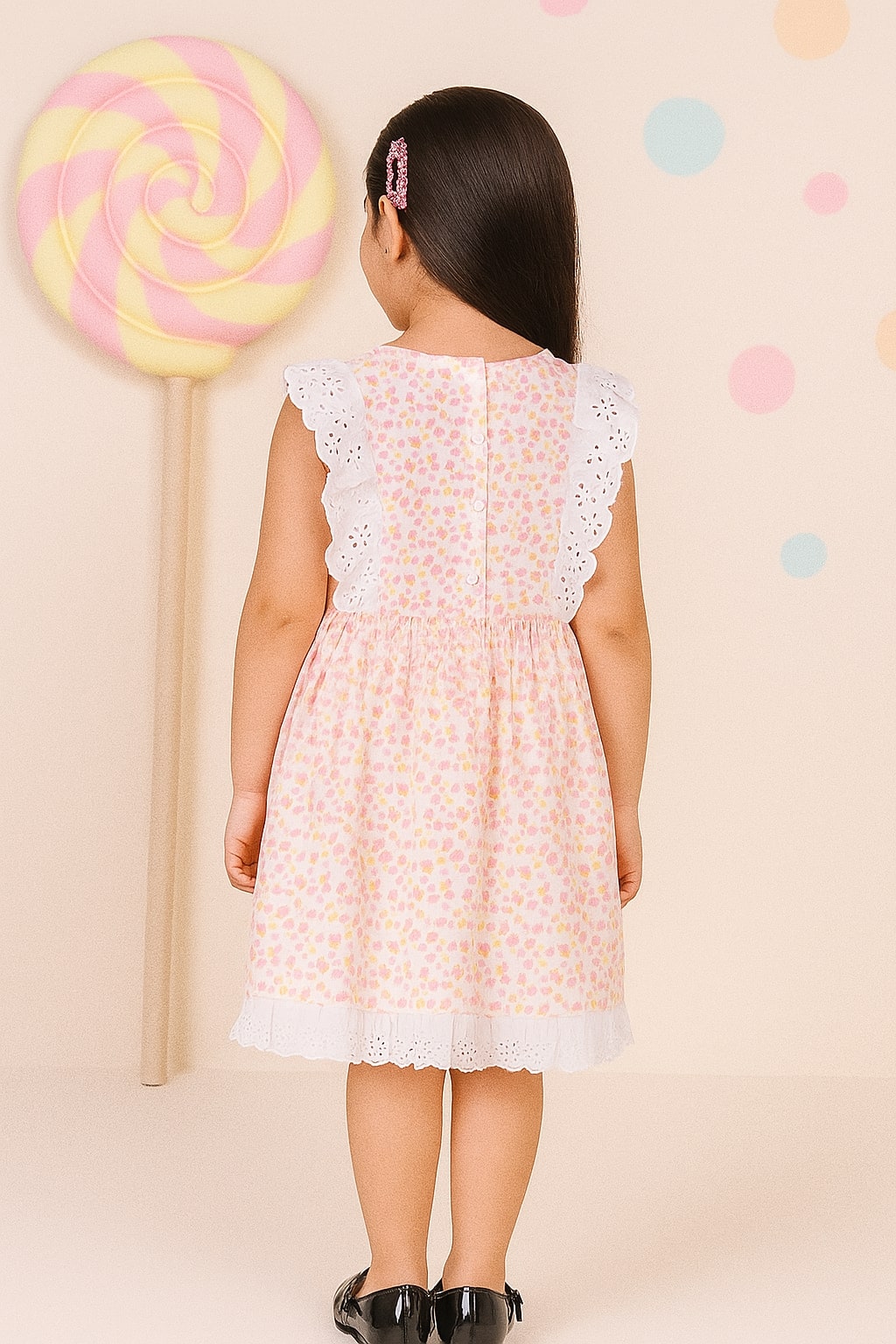 Pink floral printed girls short sleeve fit and flare dress with lace trim and flared hem