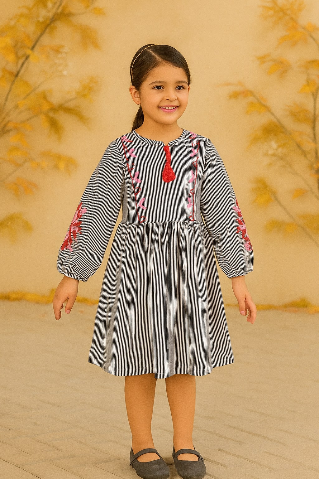 Grey girls long sleeve dress with colourful floral embroidery and flared hem