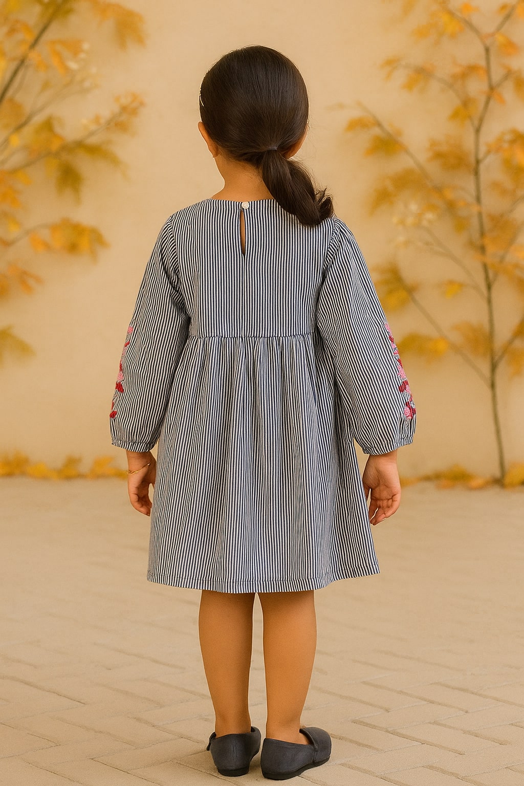 Grey girls long sleeve dress with colourful floral embroidery and flared hem