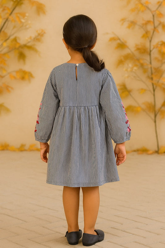 Grey girls long sleeve dress with colourful floral embroidery and flared hem