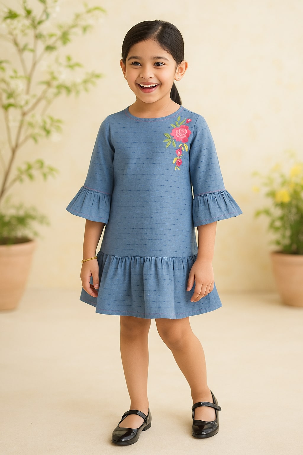 Girls Blue Floral Flared Sleeves Dress