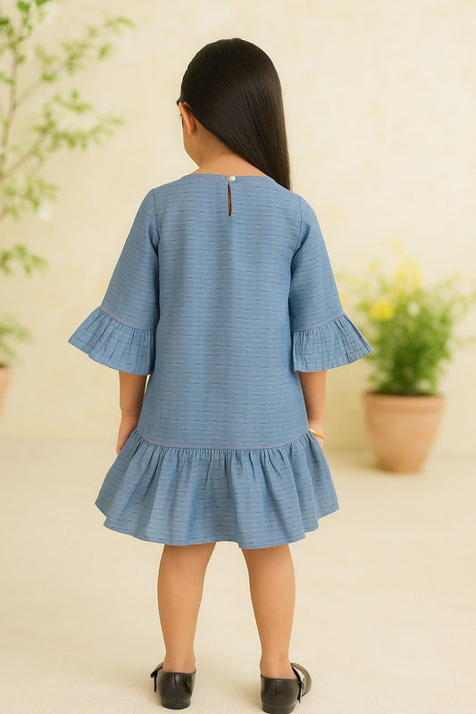 Girls Blue Floral Flared Sleeves Dress