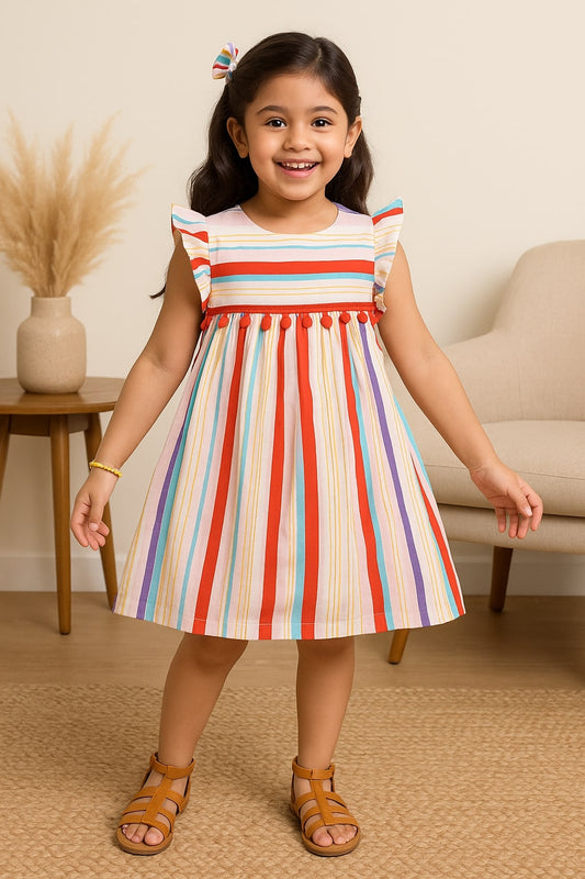 Multicolour striped girls sleeveless fit and flare dress with ruffle detailing and flared hem