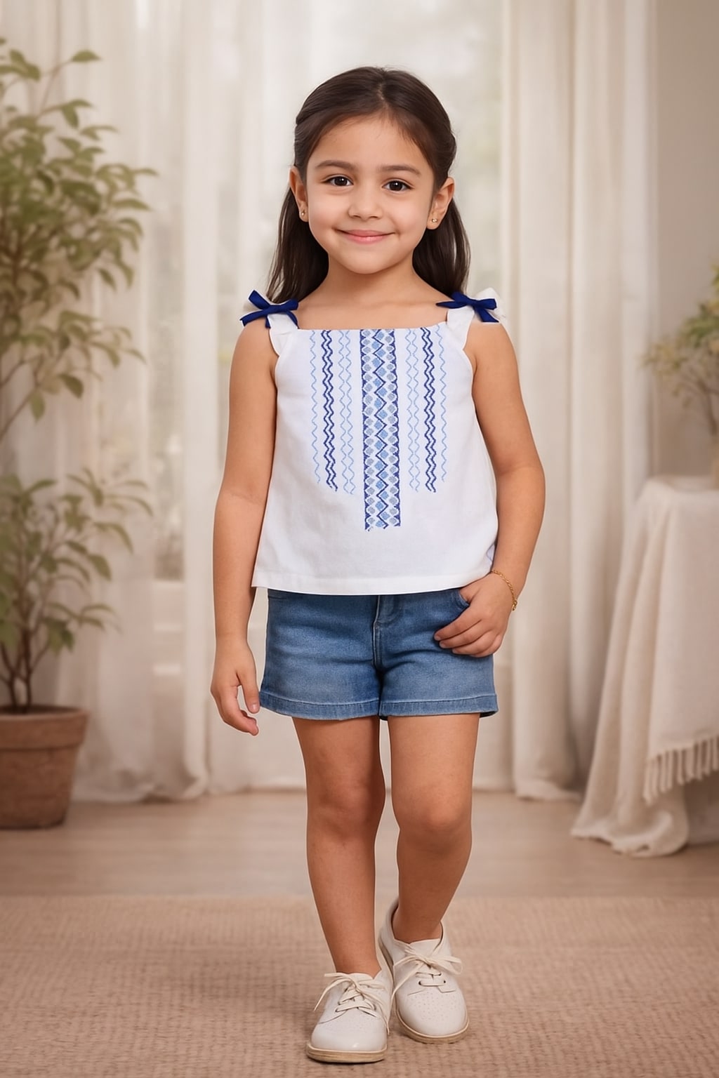 White and blue striped girls sleeveless top with ruffle straps and flared hem