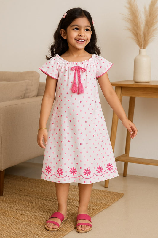 Pink and white girls sleeveless fit and flare dress with bow detailing and flared hem