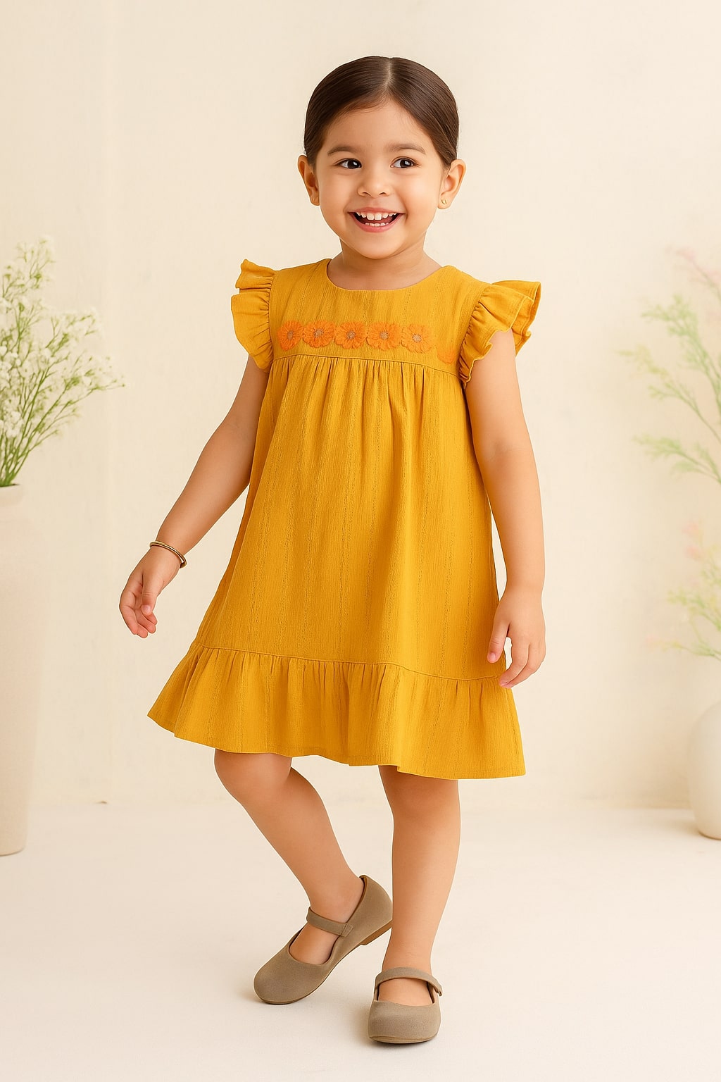 Mustard yellow girls ruffle sleeve top with gathered detailing and flared silhouette