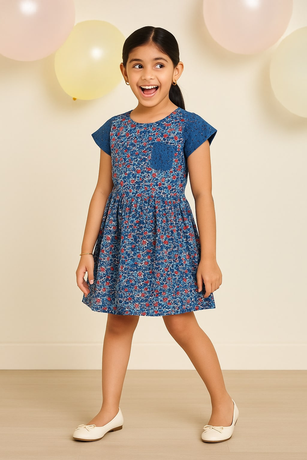 Blue floral printed girls short sleeve dress with gathered waist and flared hem