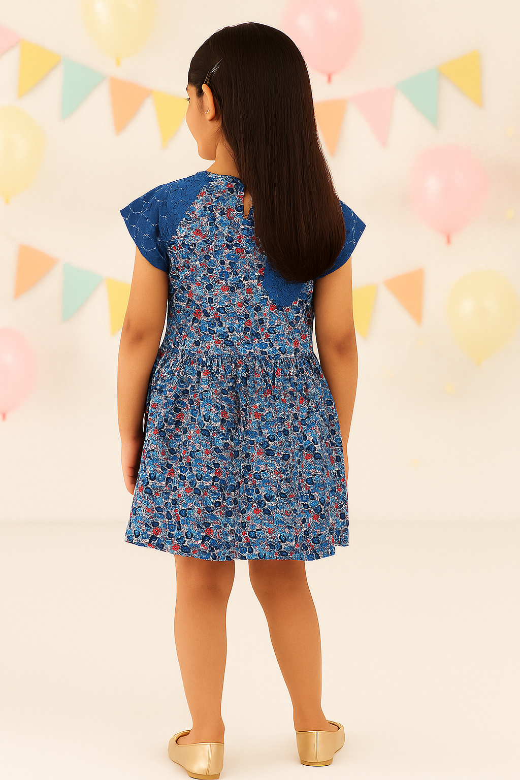 Blue floral printed girls short sleeve dress with gathered waist and flared hem