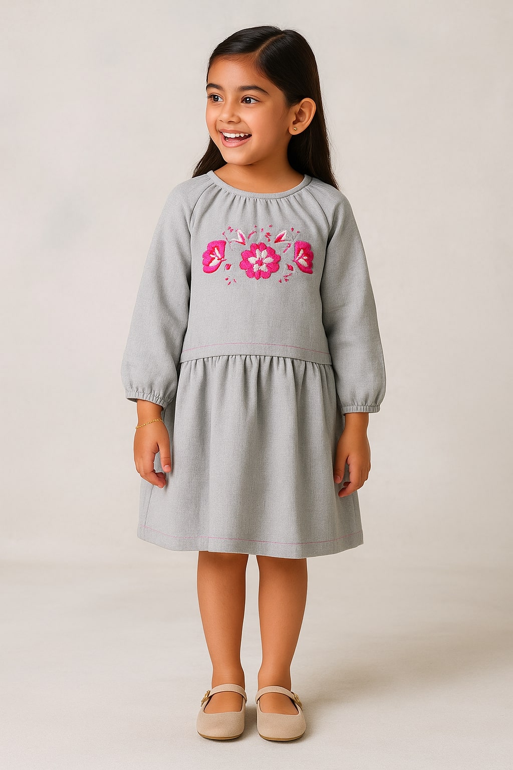Girls Grey Embroidered Tiered Dress