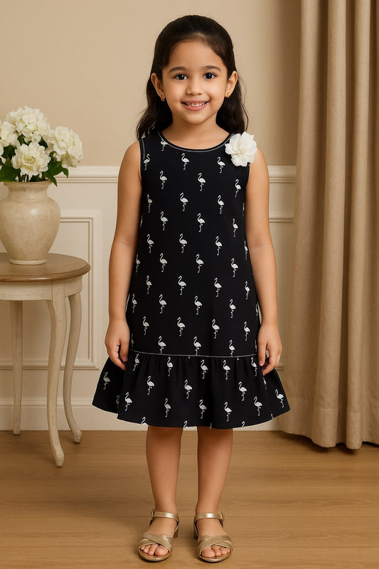 Black girls sleeveless textured A-line dress with ruffle detailing and flared hem