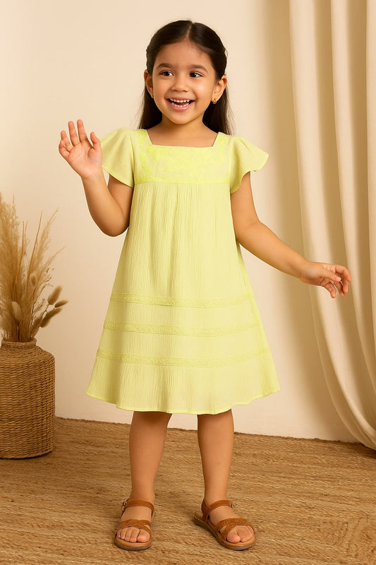 Light green girls short sleeve striped dress with gathered waist and flared hem