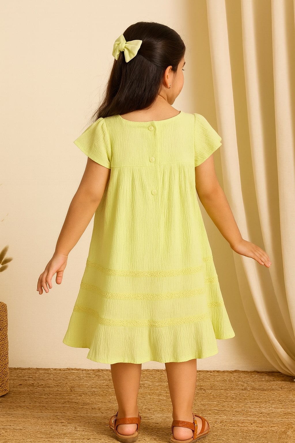 Light green girls short sleeve striped dress with gathered waist and flared hem