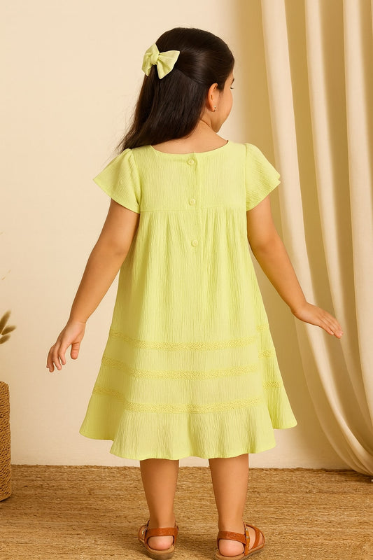 Light green girls short sleeve striped dress with gathered waist and flared hem
