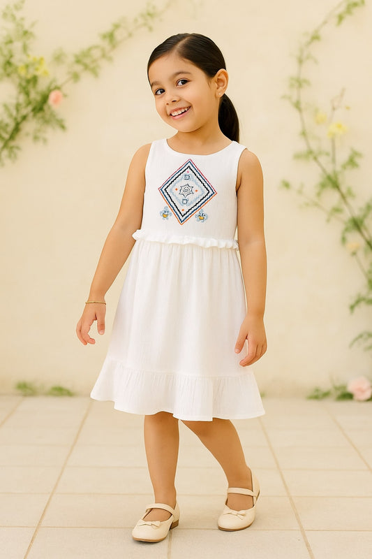 White girls sleeveless maxi dress with embroidered bodice, gathered waist and tiered hem